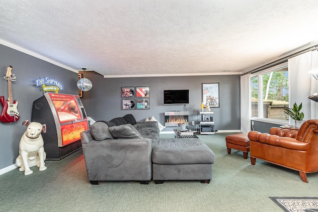 living room with ornamental molding, carpet, and a textured ceiling