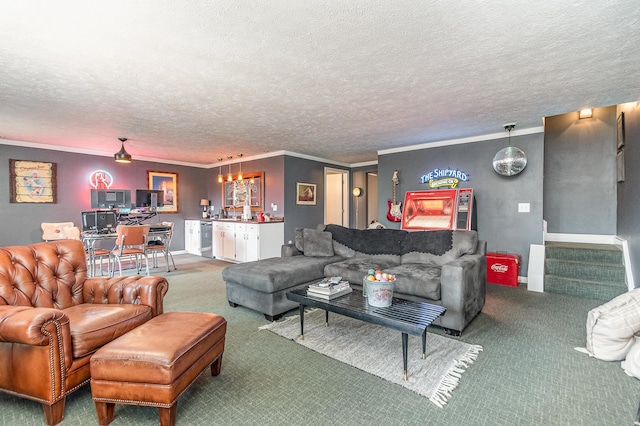 carpeted living room featuring bar, a textured ceiling, and ornamental molding