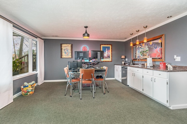 kitchen with hanging light fixtures, white cabinetry, a textured ceiling, stainless steel dishwasher, and dark colored carpet