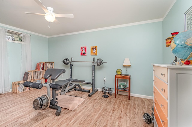 exercise room featuring ornamental molding, light hardwood / wood-style floors, and ceiling fan