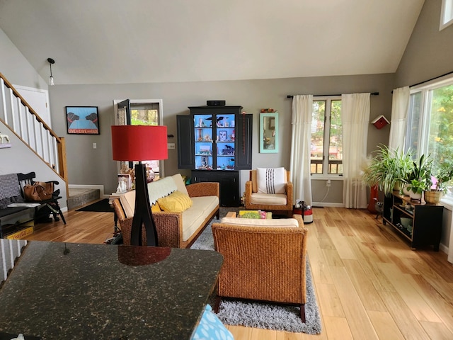 living room with lofted ceiling and light hardwood / wood-style floors