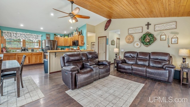 living room with hardwood / wood-style floors, ceiling fan, wood ceiling, and vaulted ceiling