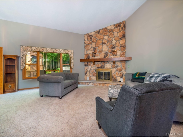 carpeted living room featuring a fireplace and vaulted ceiling