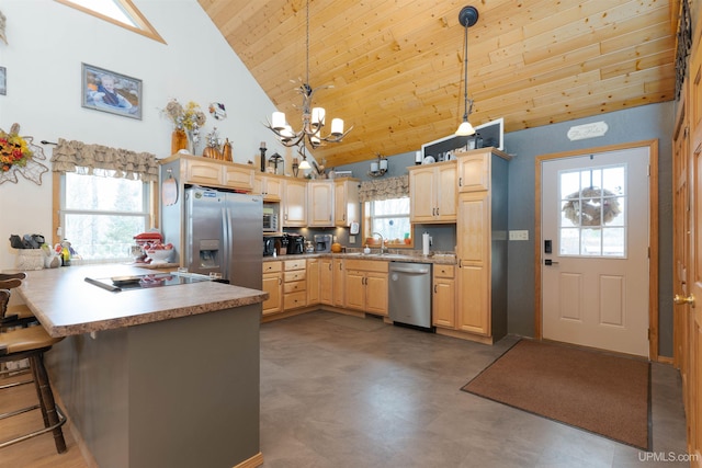 kitchen featuring stainless steel appliances, light brown cabinets, high vaulted ceiling, hanging light fixtures, and wood ceiling