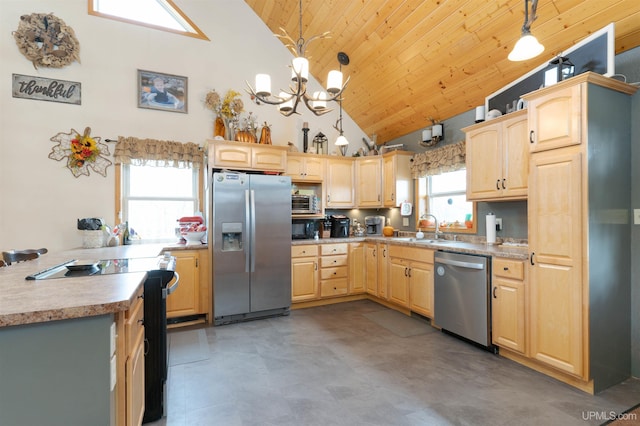 371 Morrison Creek Rd, Iron River, MI 49935 - kitchen featuring a sink, stainless steel appliances, wood ceiling, high vaulted ceiling, and light brown cabinets