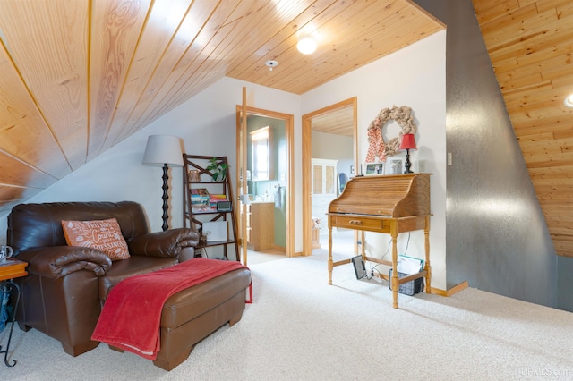 sitting room with carpet, vaulted ceiling, and wooden ceiling