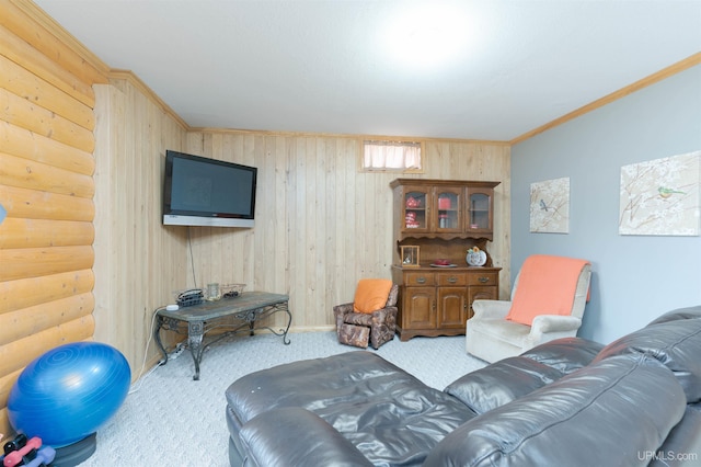 carpeted living room featuring ornamental molding