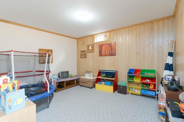 recreation room with wood walls, carpet floors, and crown molding