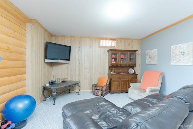 371 Morrison Creek Rd, Iron River, MI 49935 - living area with crown molding, log walls, and carpet floors