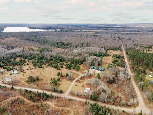 drone / aerial view featuring a water view and a rural view