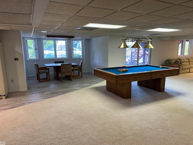 playroom featuring pool table, hardwood / wood-style floors, and a paneled ceiling