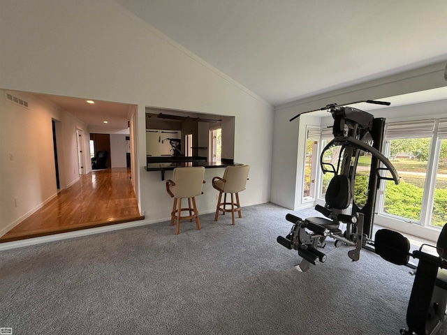 exercise area featuring vaulted ceiling and carpet