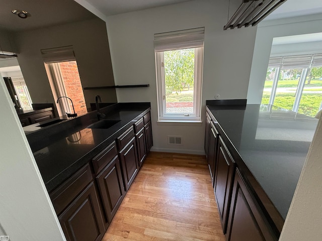 kitchen with sink, dark brown cabinets, and light hardwood / wood-style floors