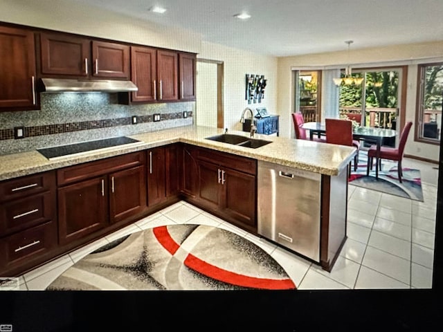 kitchen featuring sink, kitchen peninsula, hanging light fixtures, black electric stovetop, and dishwasher