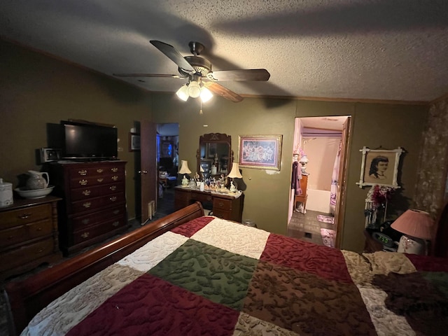 bedroom featuring ceiling fan, a textured ceiling, and lofted ceiling