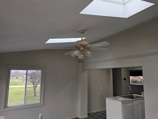 interior details with ceiling fan, white dishwasher, a skylight, and sink