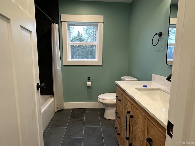 full bathroom with toilet, vanity, shower / bath combination with curtain, and tile patterned floors