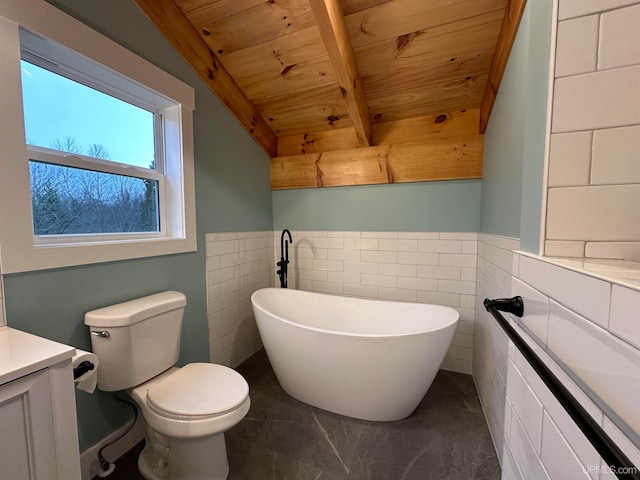 bathroom with tile walls, a washtub, vanity, and wooden ceiling