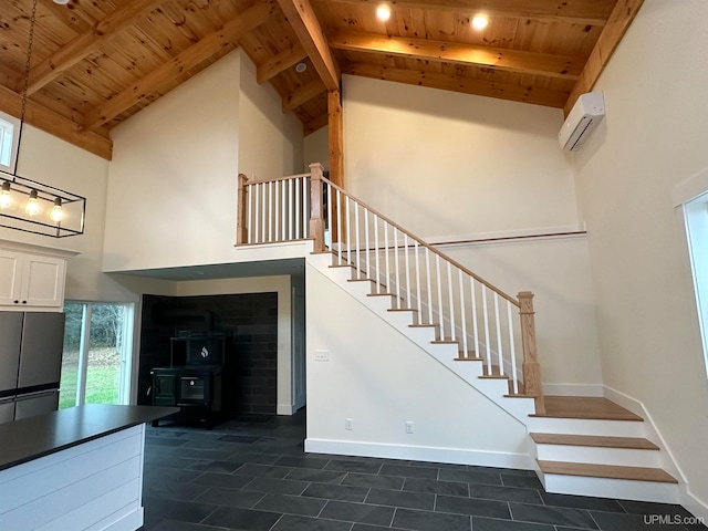 stairway featuring wooden ceiling, a wall mounted AC, beam ceiling, high vaulted ceiling, and a wood stove