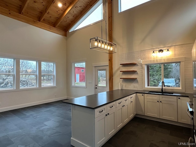 kitchen with kitchen peninsula, sink, wooden ceiling, high vaulted ceiling, and white cabinetry