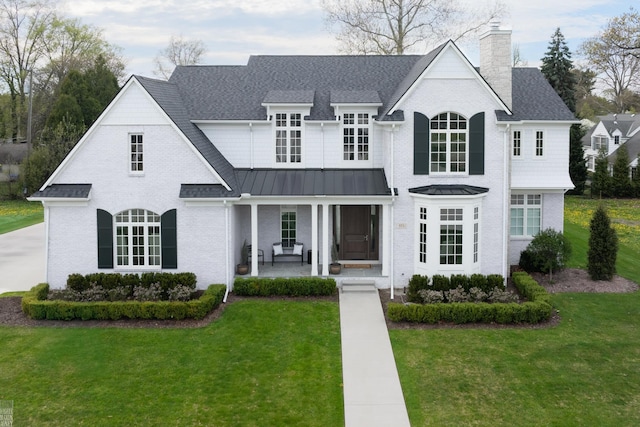french country style house with a front lawn, a chimney, a porch, brick siding, and a shingled roof