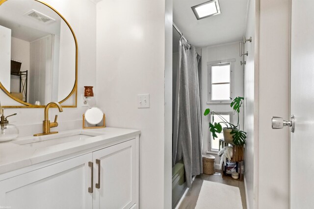 bathroom with hardwood / wood-style floors and vanity