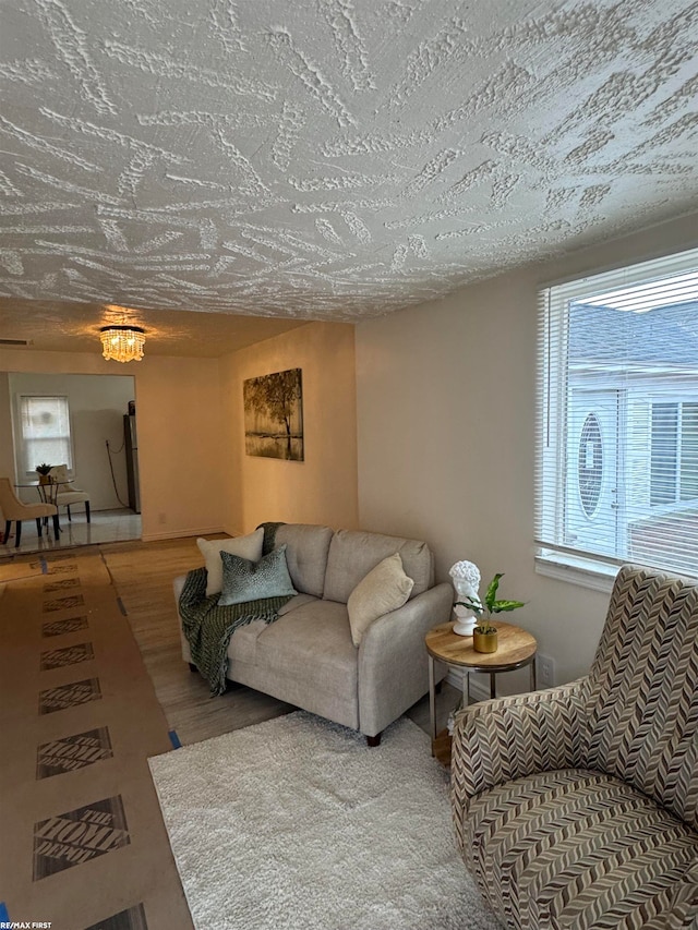 living room featuring a textured ceiling