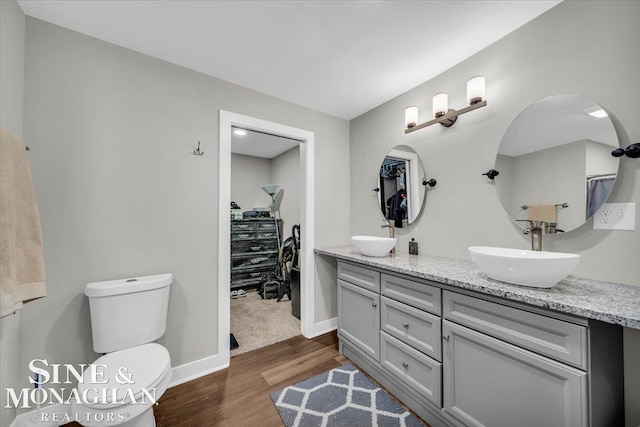 bathroom featuring toilet, vanity, and wood-type flooring