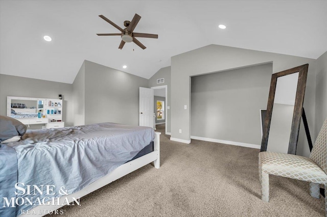 bedroom with carpet, ceiling fan, and vaulted ceiling