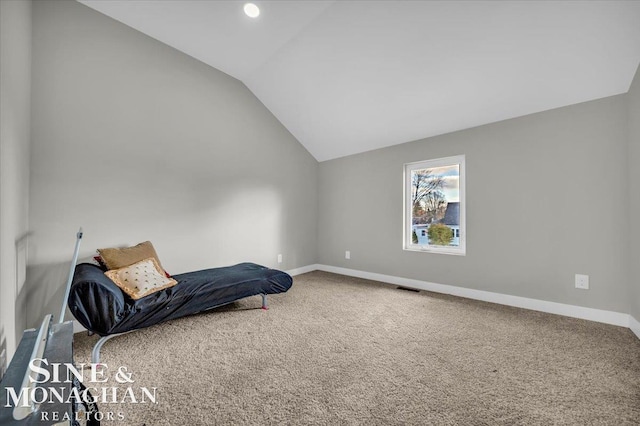 bedroom featuring carpet floors and lofted ceiling