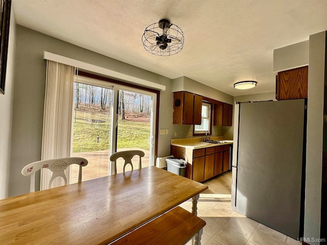 dining space with ceiling fan, plenty of natural light, a textured ceiling, and sink