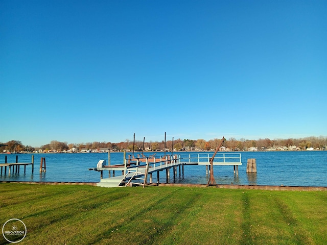 view of dock featuring a water view and a lawn