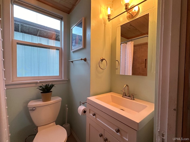 bathroom featuring vanity, curtained shower, and toilet