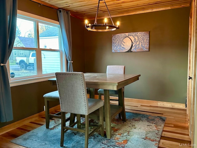 dining area with wooden ceiling, wood-type flooring, and a notable chandelier