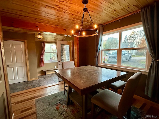 dining space featuring a notable chandelier, a wealth of natural light, wood-type flooring, and wood ceiling