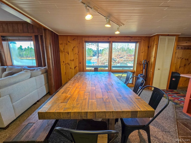 dining area with wood walls