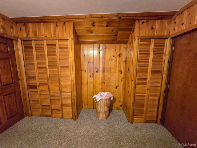 carpeted bedroom featuring wooden walls