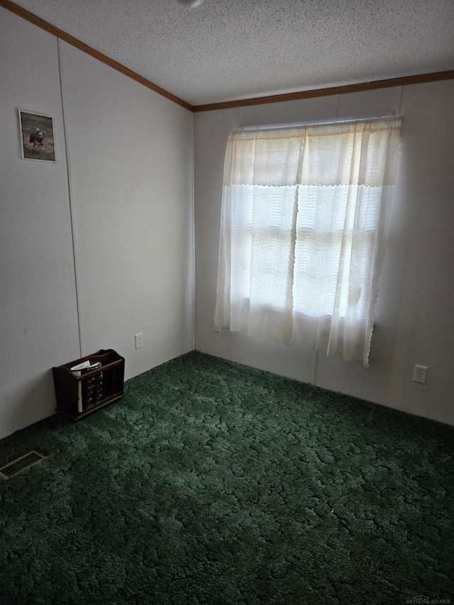 empty room with crown molding, carpet floors, and a textured ceiling