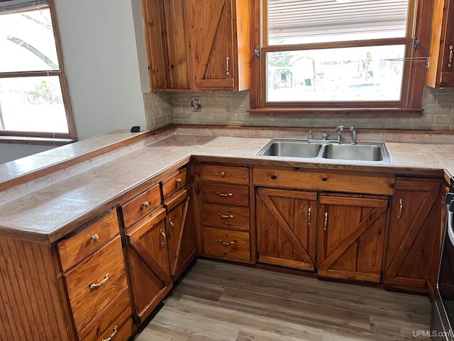 kitchen featuring kitchen peninsula, wood-type flooring, sink, and backsplash