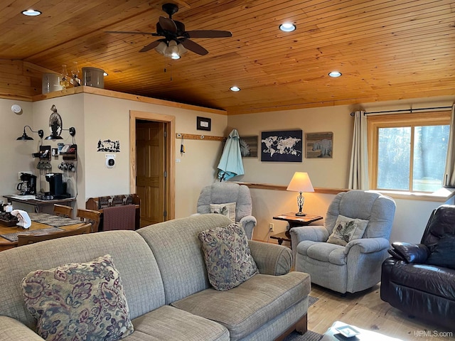 living room featuring wooden ceiling, light hardwood / wood-style floors, ceiling fan, and lofted ceiling