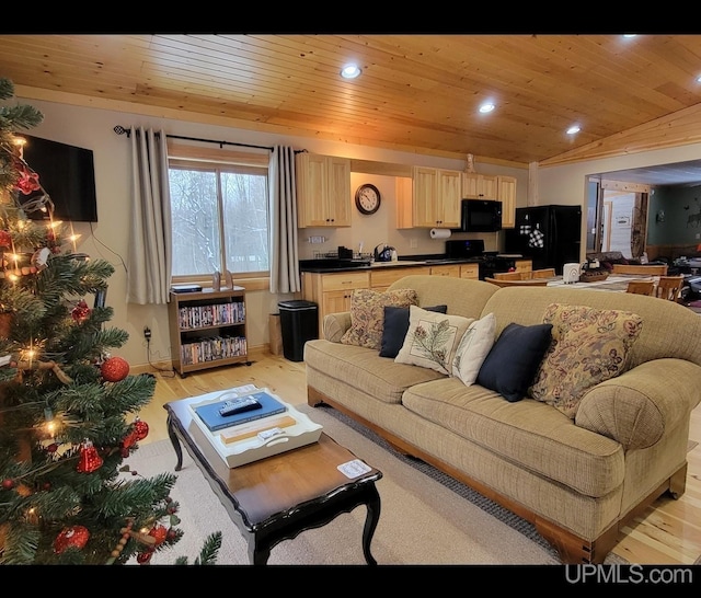 living room featuring light wood-type flooring, lofted ceiling, and wooden ceiling