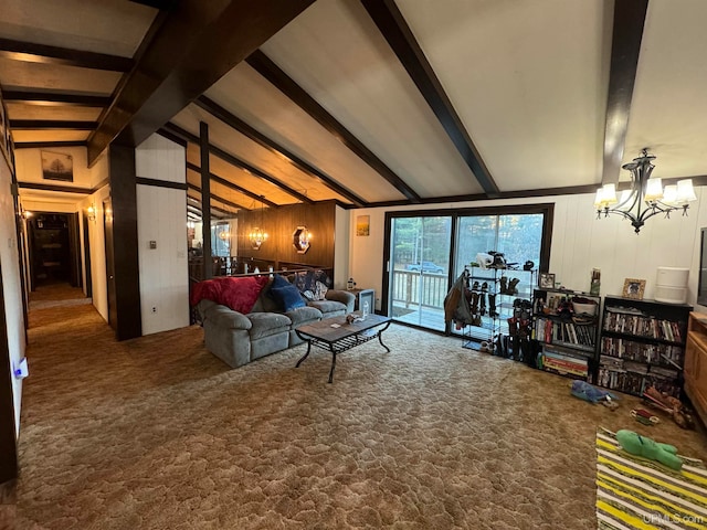 carpeted living room featuring wood walls, vaulted ceiling with beams, and a notable chandelier