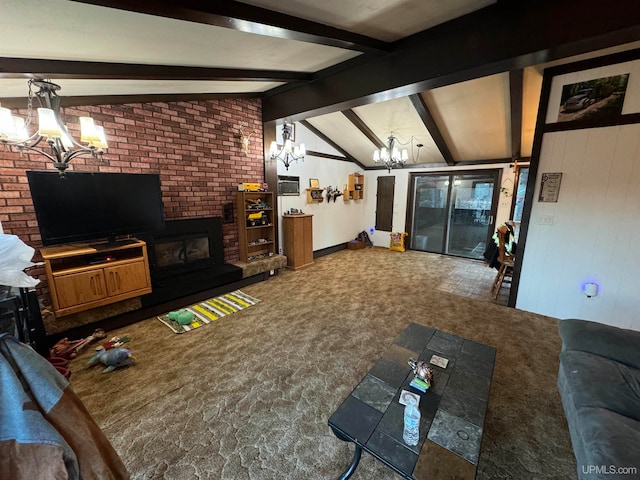 living room with a fireplace, a chandelier, vaulted ceiling with beams, and carpet floors