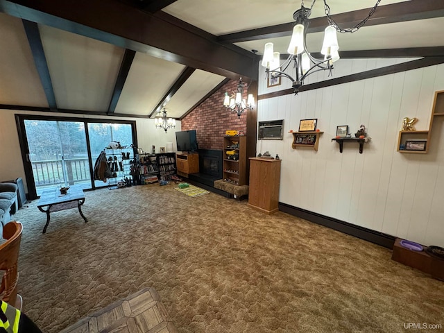 living room with carpet, a wall unit AC, and vaulted ceiling with beams