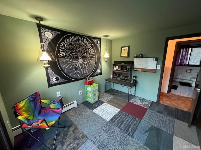 playroom with a baseboard radiator and carpet flooring