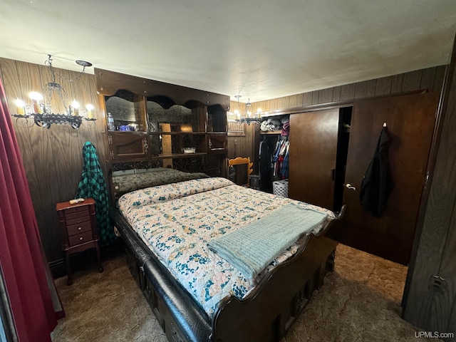 bedroom with wooden walls and a closet