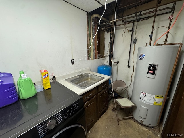 laundry room with washer / clothes dryer, cabinets, sink, and electric water heater