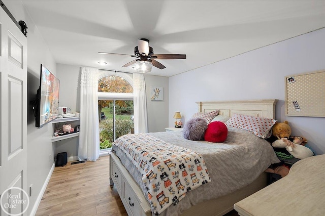 bedroom with ceiling fan and light wood-type flooring