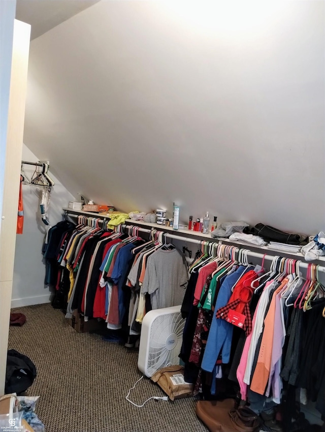 spacious closet featuring carpet flooring and vaulted ceiling