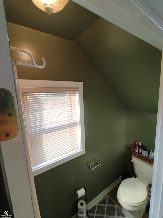 bathroom featuring toilet and lofted ceiling